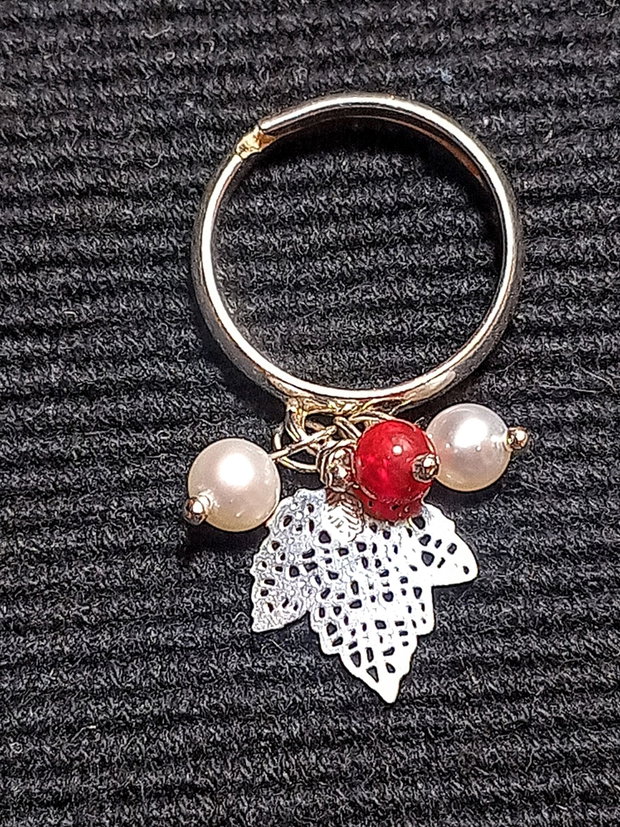Inel argint opal de foc etiopian rosu perle naturale de cultura charm frunza minimalist boho chic trendy - Transport gratuit