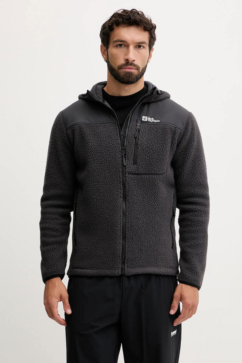 Jack Wolfskin hanorac KAMMWEG PILE culoarea negru, cu glugă, uni, 1711271