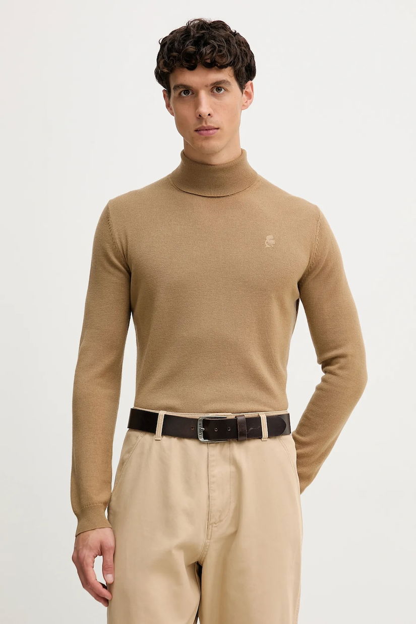 Karl Lagerfeld pulover de lână culoarea maro, light, cu guler, 554399.655058