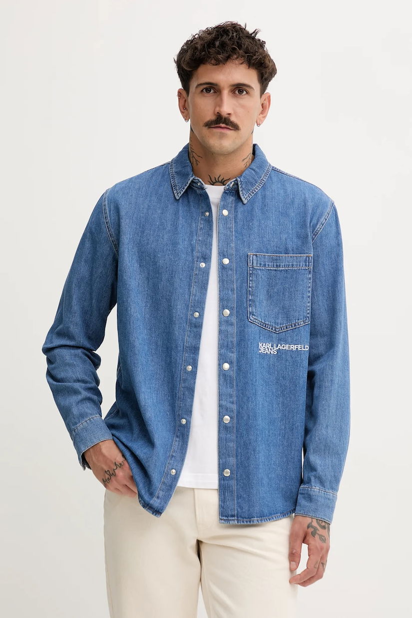 Karl Lagerfeld Jeans cămașă jeans culoarea bleumarin, cu guler clasic, regular, A4M16001