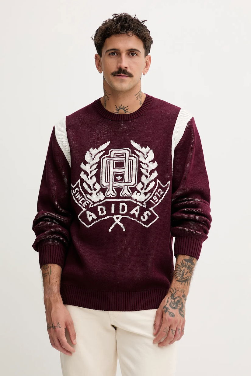 adidas Originals pulover de bumbac Varsity Regular culoarea bordo, JX8215