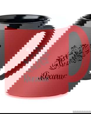 Cana din ceramica cu invelis soft touch, Rosu, 300 ml, personalizata, Piksel, interior negru