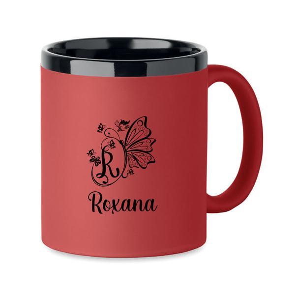 Cana din ceramica cu invelis soft touch, Rosu, 300 ml, personalizata, Piksel, interior negru