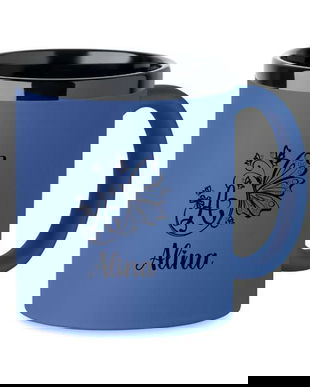 Cana din ceramica cu invelis soft touch, Albastru, 300 ml, personalizata, Piksel, interior negru