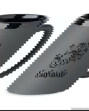 Cana din ceramica cu invelis soft touch, Gri, 300 ml, personalizata, Piksel, interior negru