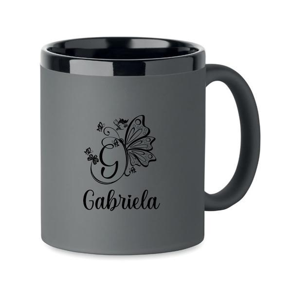 Cana din ceramica cu invelis soft touch, Gri, 300 ml, personalizata, Piksel, interior negru