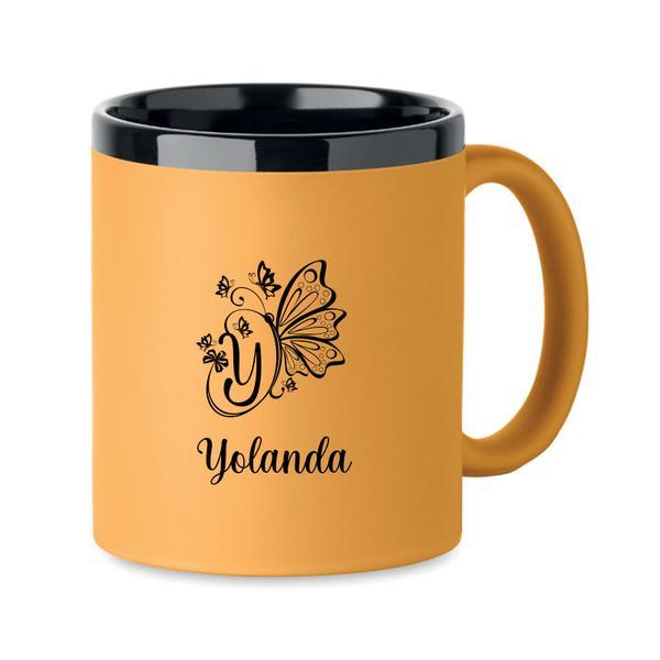 Cana din ceramica cu invelis soft touch, Galben, 300 ml, personalizata, Piksel, interior negru