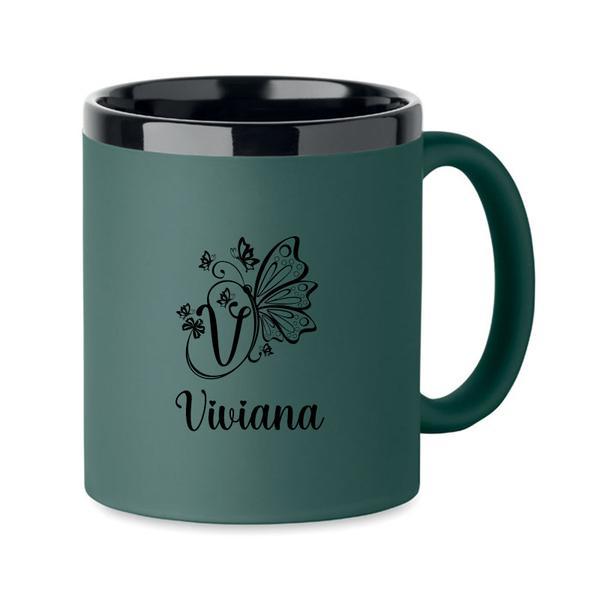 Cana din ceramica cu invelis soft touch, Verde, 300 ml, personalizata, Piksel, interior negru