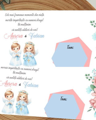 Plicuri bani botez  gemeni fetiță și băiețel, design cu îngerași