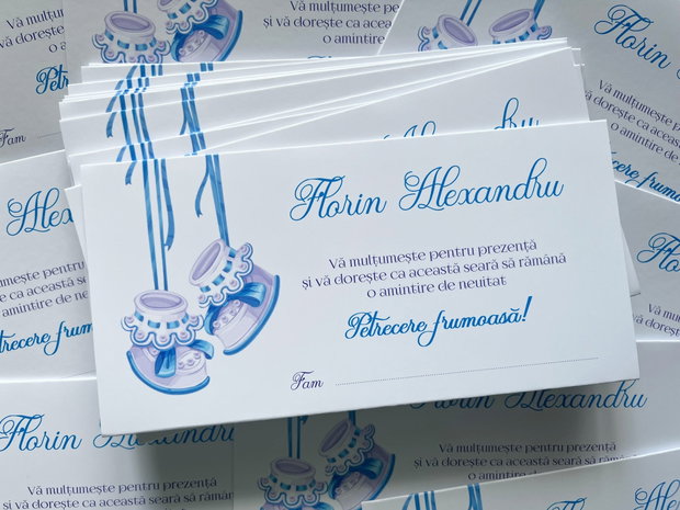 Plicuri bani botez băieți papucei bleu