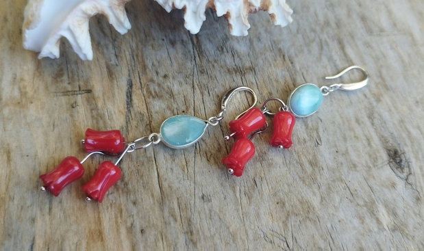 Cercei cu larimar si lalele sculptate in coral, argint 925
