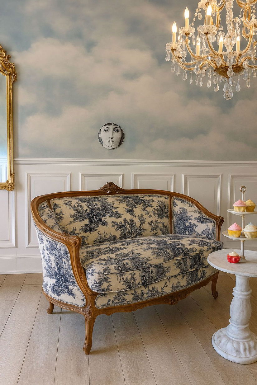 Sofa Rococo din lemn masiv cu tapiterie creton