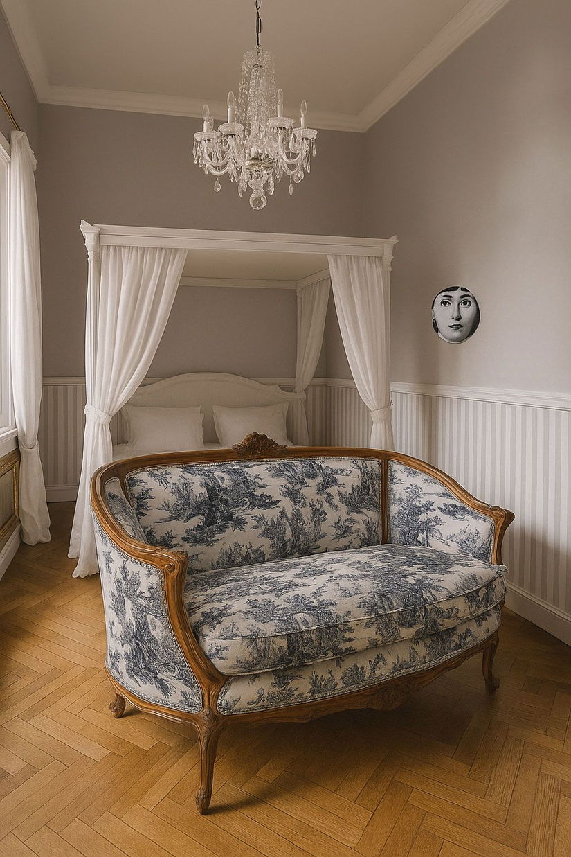 Sofa Rococo din lemn masiv cu tapiterie creton
