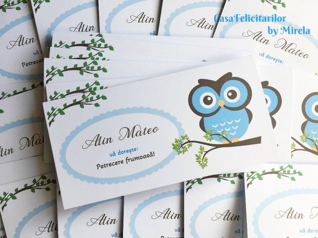 Plic de bani botez cu bufniță albastră, personalizabil