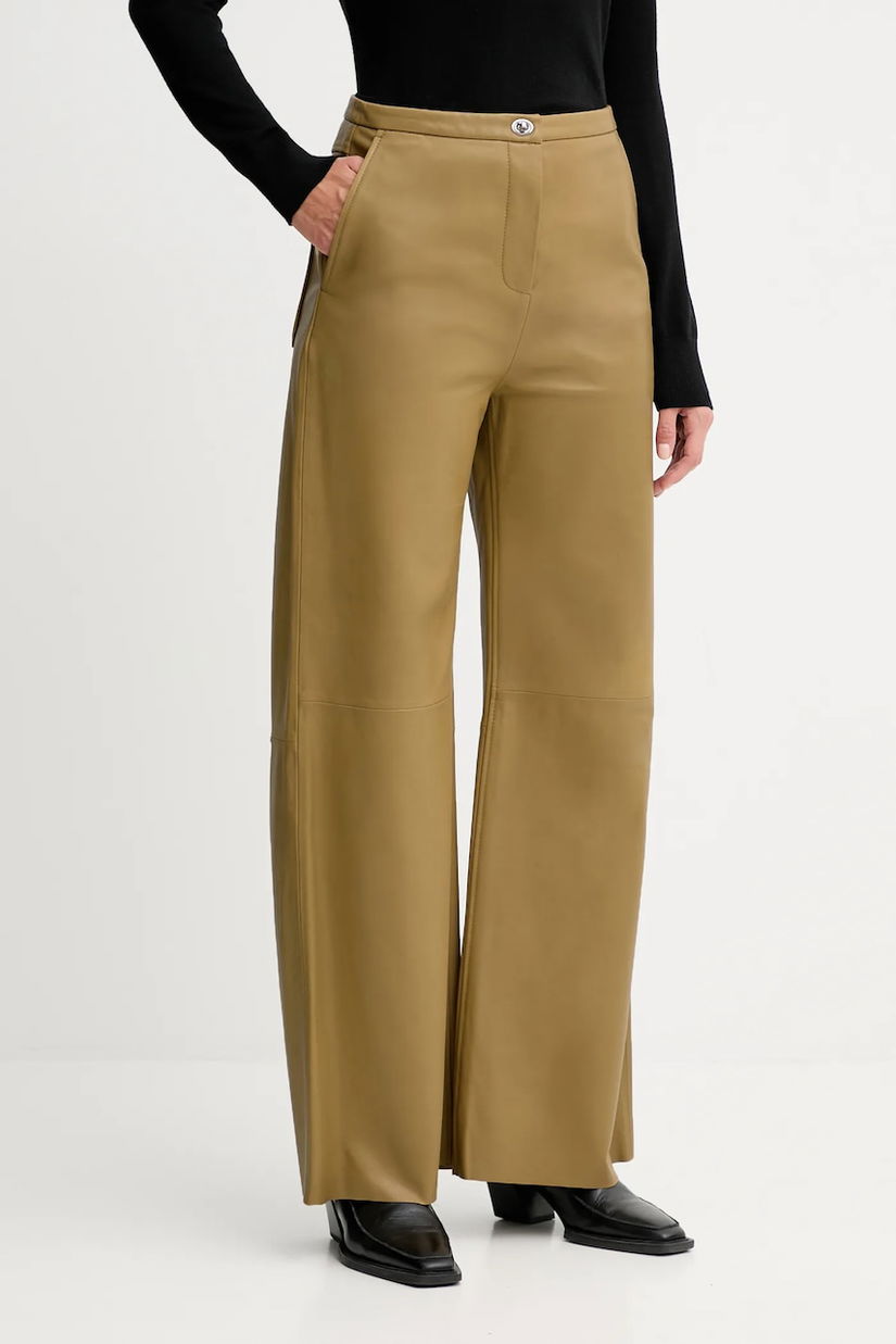 Stand Studio pantaloni de piele Rowena culoarea verde, lat, medium waist, 66529-7870