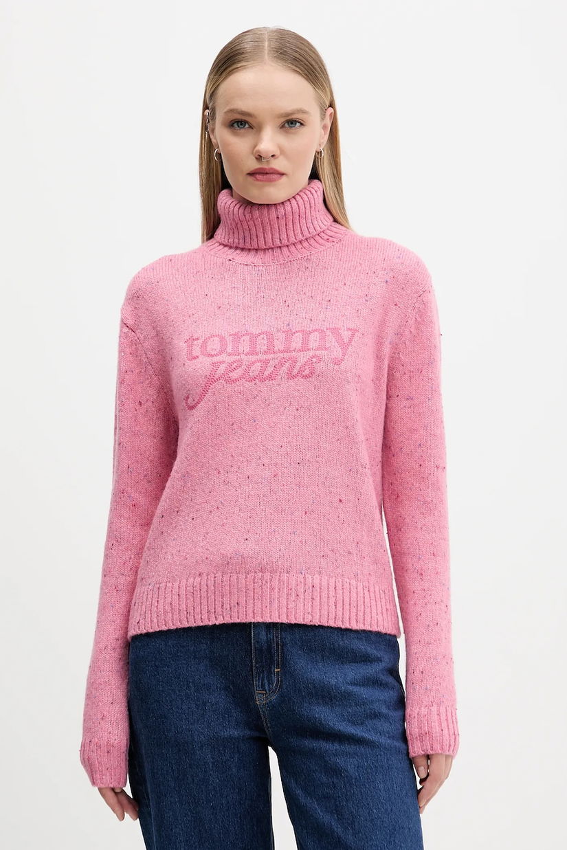 Tommy Jeans pulover din amestec de lână culoarea roz, cu guler, DW0DW21687