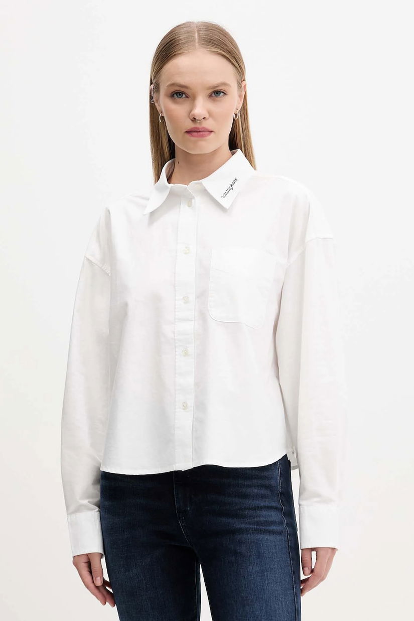 Tommy Jeans cămașă din bumbac culoarea alb, cu guler clasic, relaxed, DW0DW21455