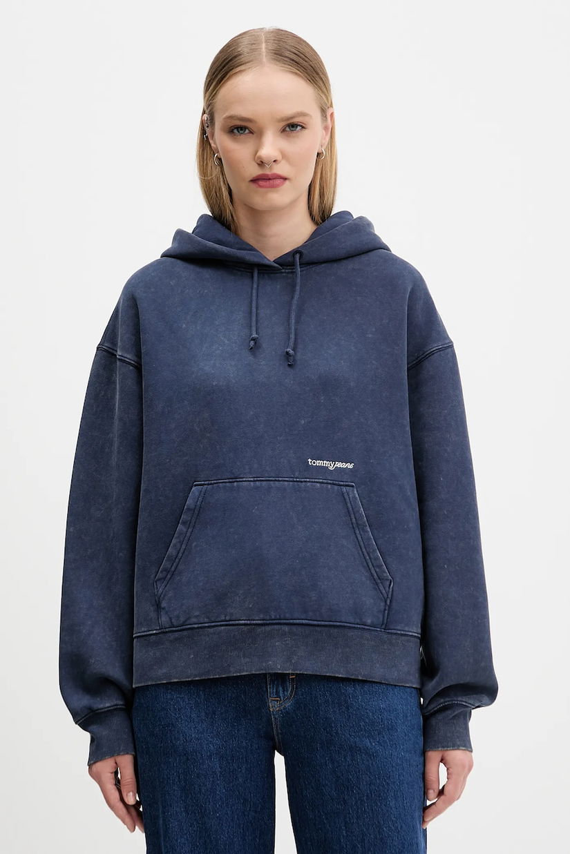 Tommy Jeans bluză culoarea bleumarin, cu glugă, uni, DW0DW21609