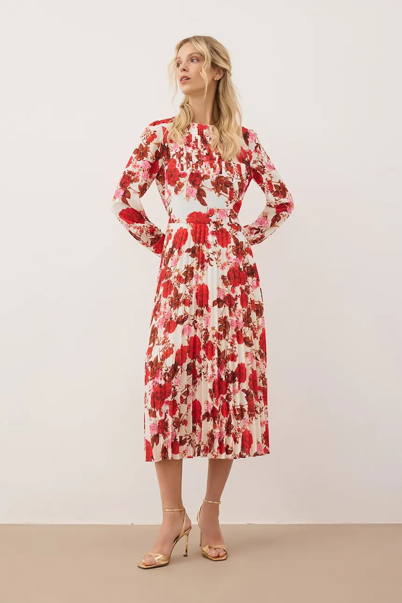Bizuu rochie NYLA culoarea roșu, midi, evazați, NYLA KREMOWY