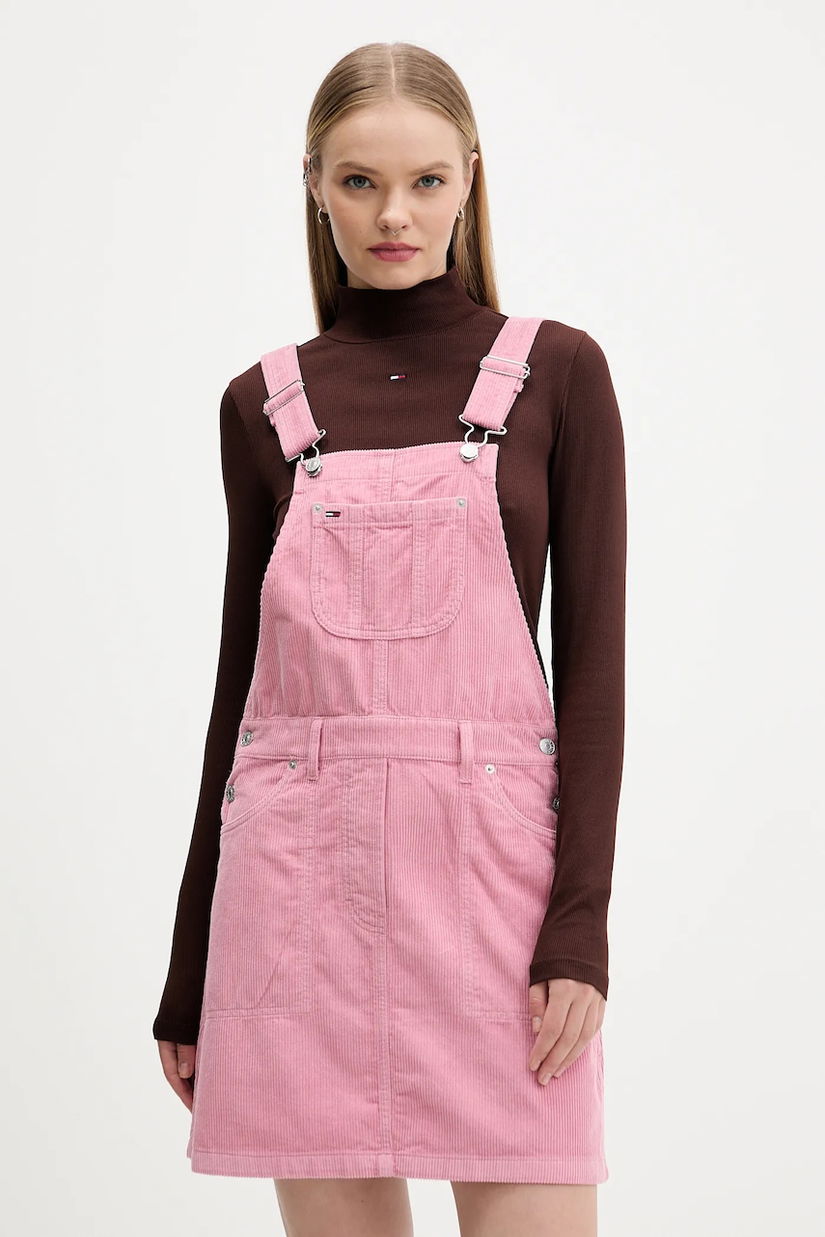 Tommy Jeans rochie din velur culoarea roz, mini, evazați, DW0DW21494