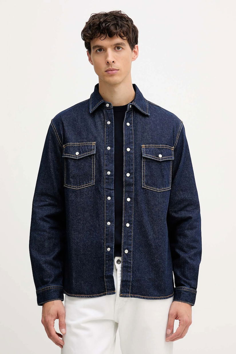 United Colors of Benetton cămașă jeans culoarea bleumarin, cu guler clasic, regular, 5R5ZUQ05Z