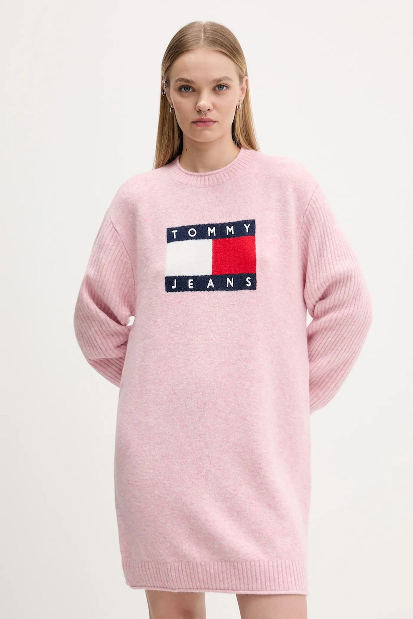 Tommy Jeans rochie din amestec de lână culoarea roz, mini, oversize, DW0DW21462