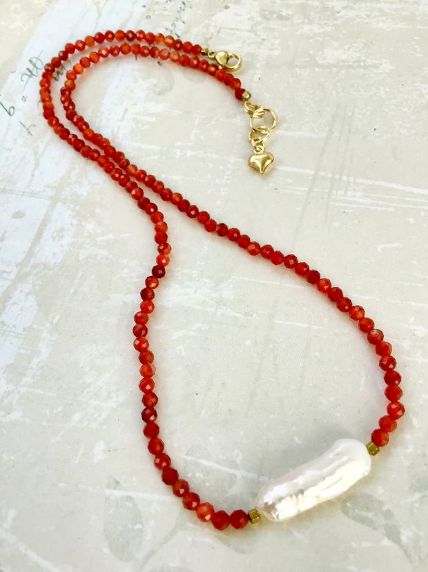 Colier CHOKER carneol & perla alba Biwa