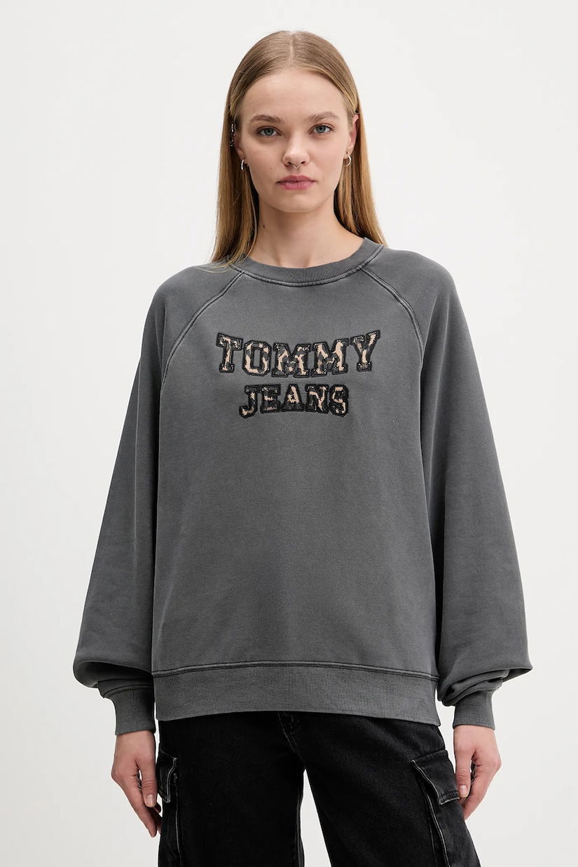 Tommy Jeans hanorac de bumbac culoarea gri, cu imprimeu, DW0DW21959