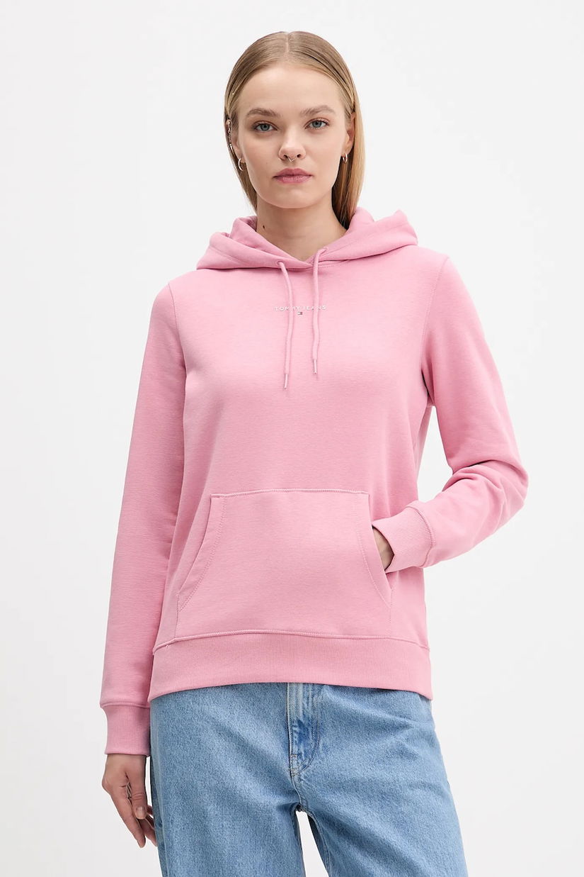 Tommy Jeans bluză culoarea roz, cu glugă, cu imprimeu, DW0DW21963