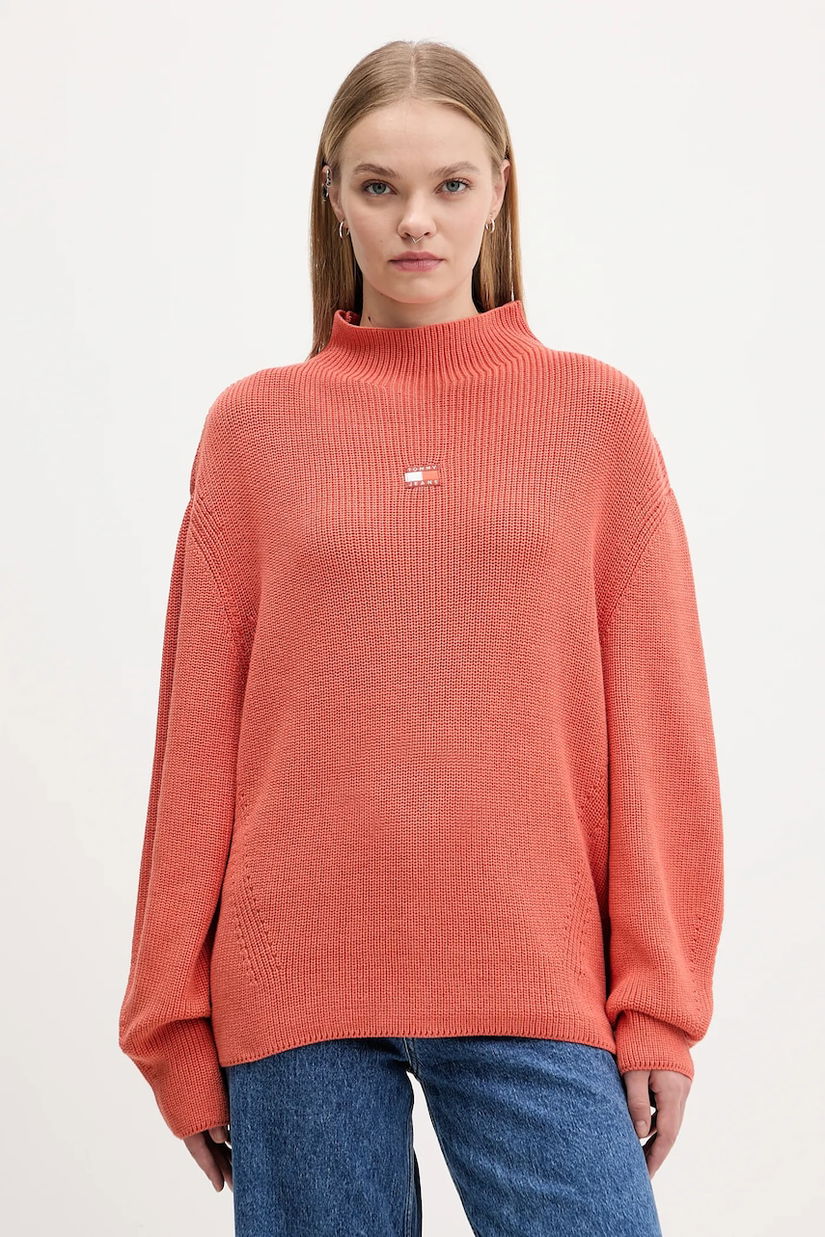 Tommy Jeans pulover de bumbac culoarea portocaliu, cu turtleneck, DW0DW21676