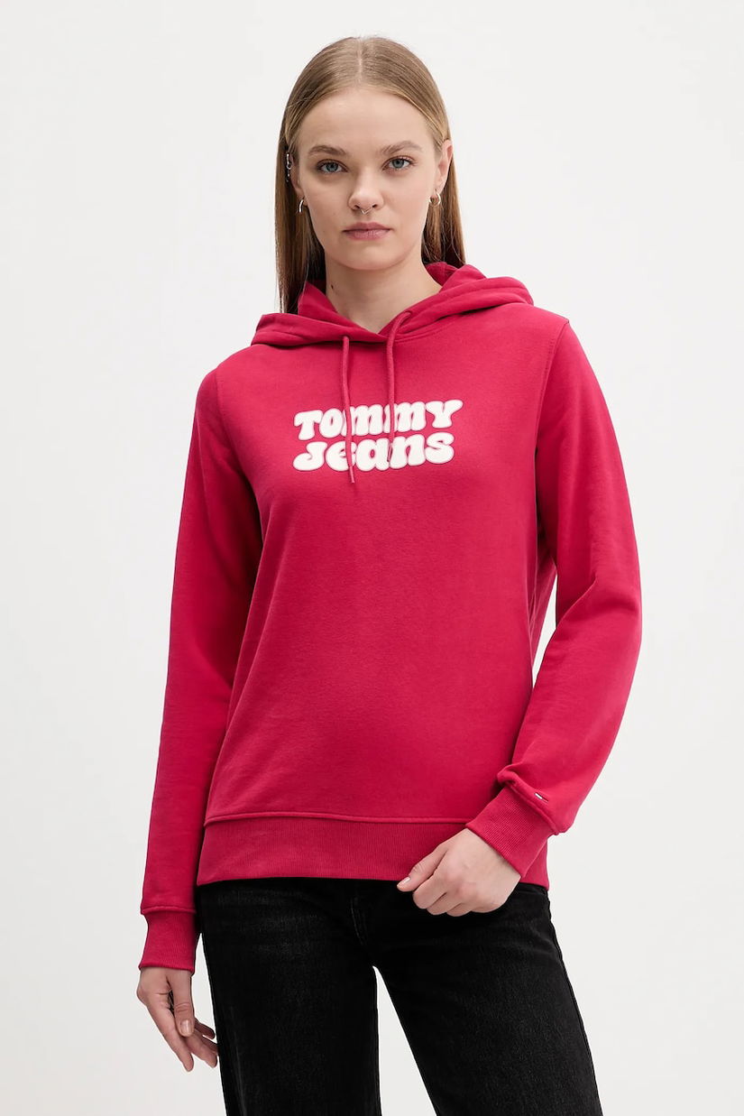 Tommy Jeans hanorac de bumbac culoarea roz, cu glugă, cu imprimeu, DW0DW21962