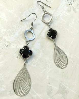 Cercei lungi onix negru & inox silver