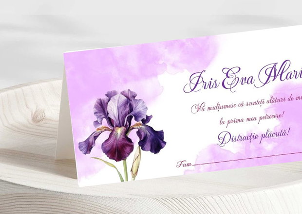 Plic bani botez fetițe cu floare de iris
