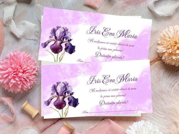 Plic bani botez fetițe cu floare de iris