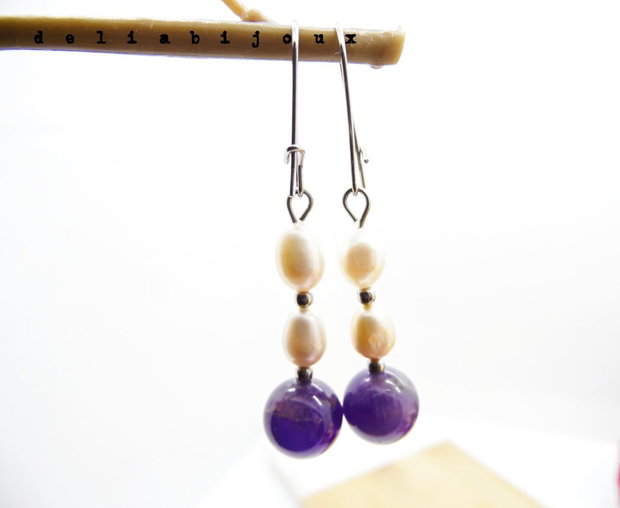 Cercei handmade cu ametist natural și perle de cultură bijuterii elegante unicat (cod1303)