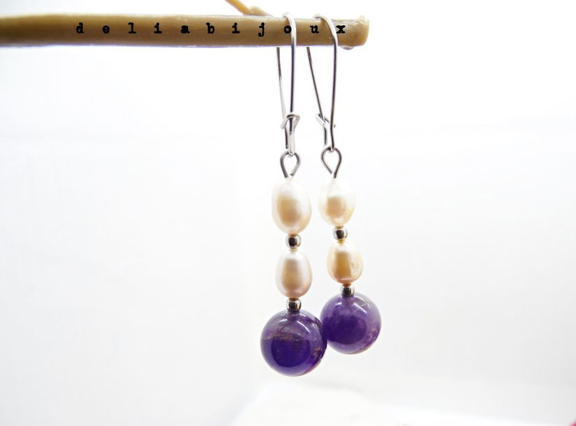 Cercei handmade cu ametist natural și perle de cultură bijuterii elegante unicat (cod1303)