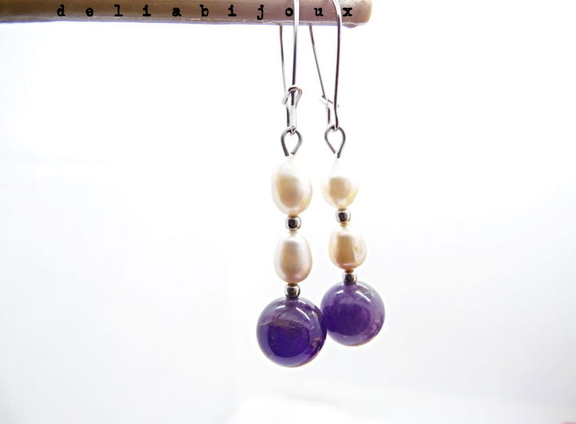 Cercei handmade cu ametist natural și perle de cultură bijuterii elegante unicat (cod1303)