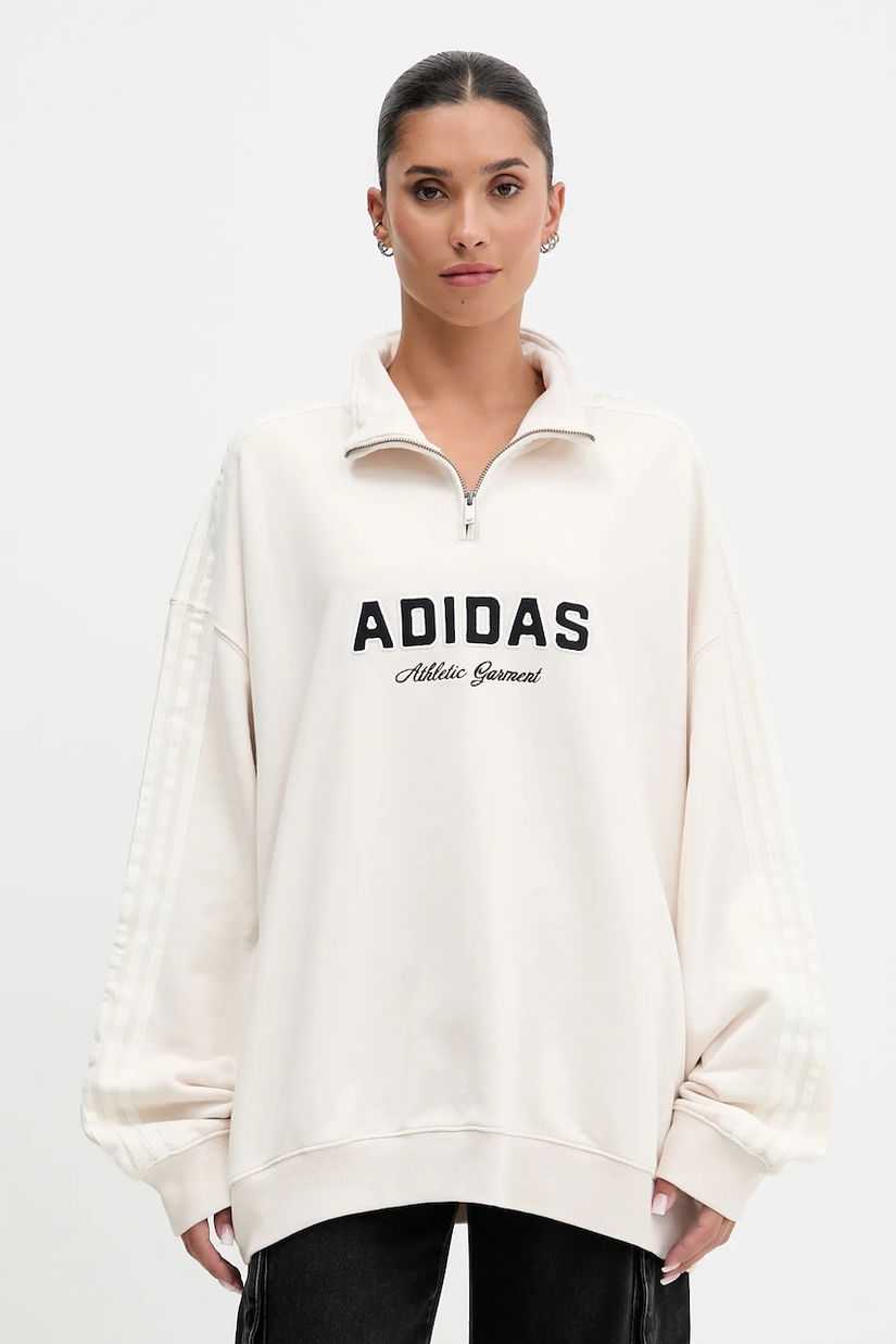 adidas Originals hanorac de bumbac Quarter Zip culoarea bej, cu glugă, cu imprimeu, KF2310