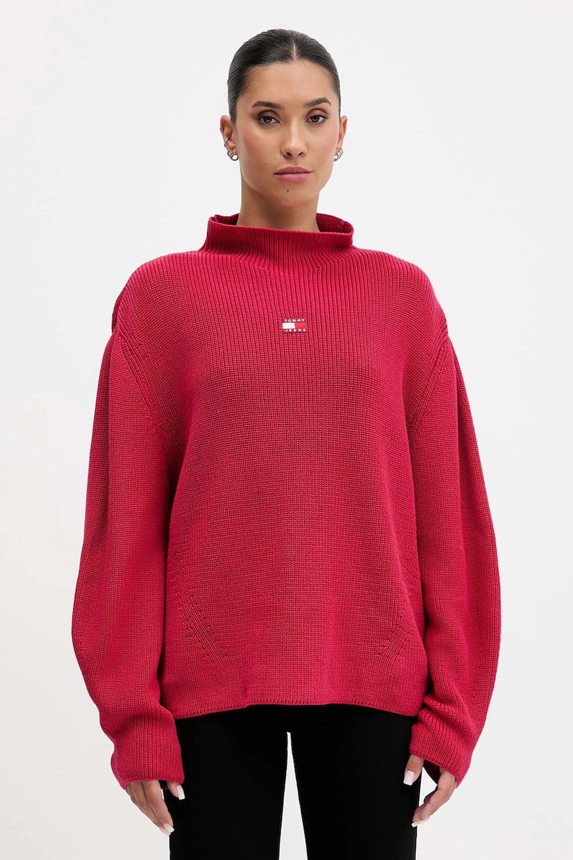 Tommy Jeans pulover de bumbac culoarea bordo, cu turtleneck, DW0DW21676
