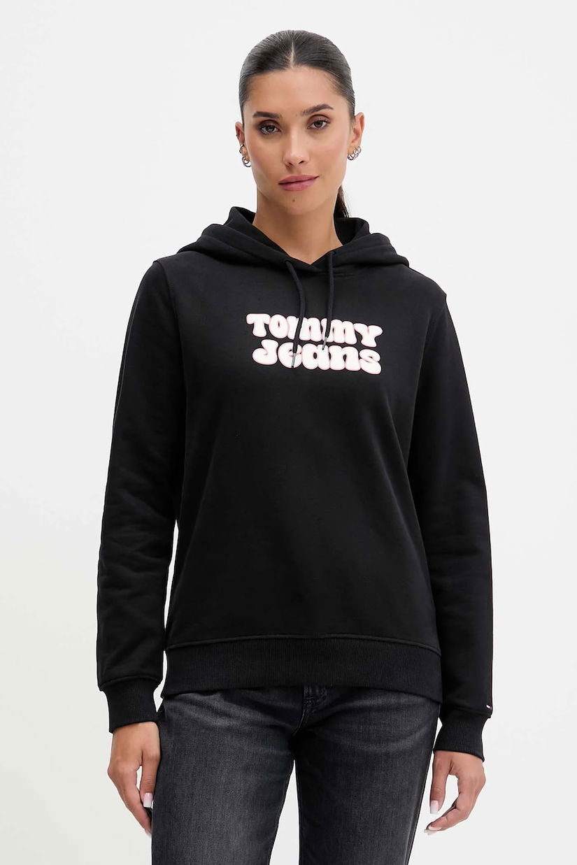 Tommy Jeans hanorac de bumbac culoarea negru, cu glugă, cu imprimeu, DW0DW21962