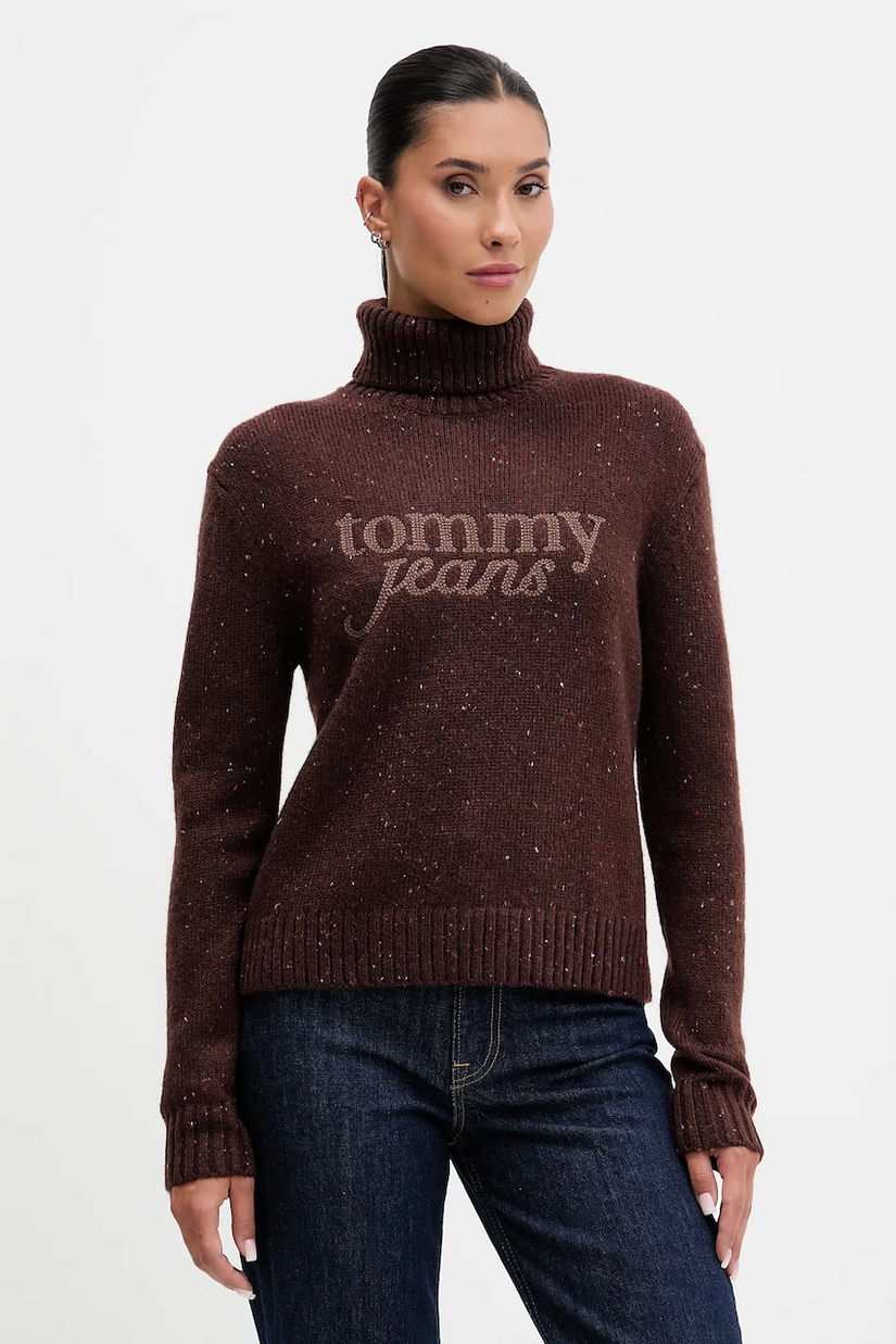 Tommy Jeans pulover din amestec de lână culoarea maro, cu guler, DW0DW21687