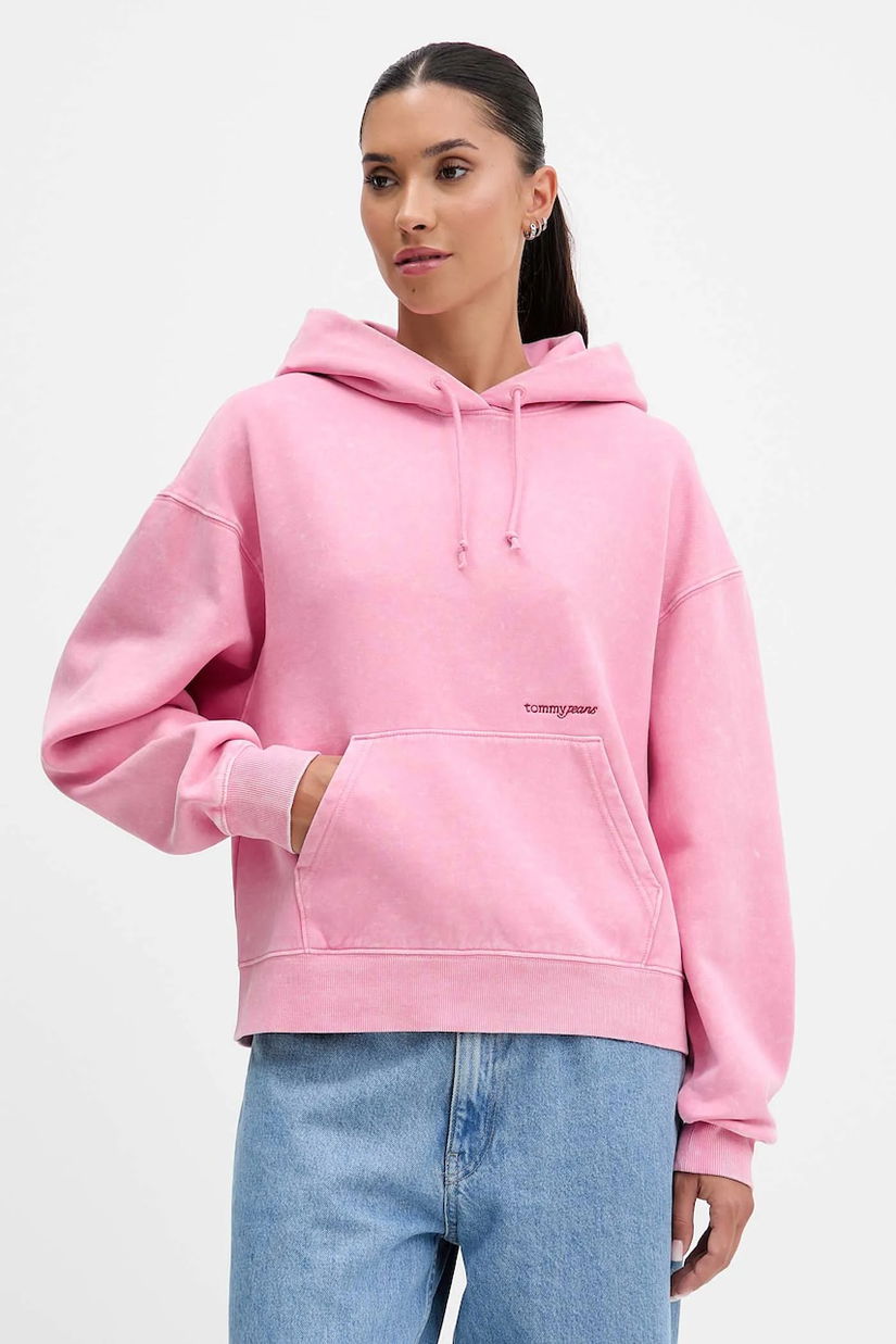 Tommy Jeans bluză culoarea roz, cu glugă, uni, DW0DW21609