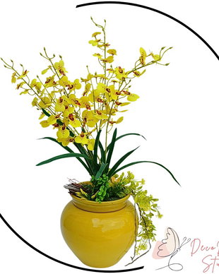 Aranjament floral orhidee artificiala in vaza ceramica galbena ORTOGAL 67cm