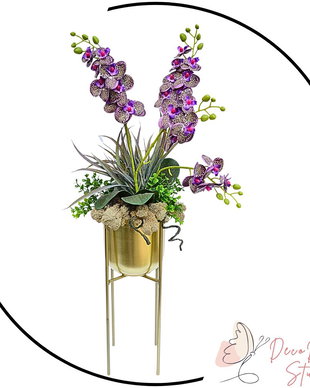 Aranjament orhidee artificiala violet in vaza inalta metalica gold PELIKAN 75cm