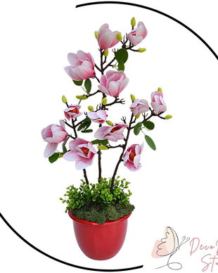 Aranjament magnolie  artificiala roz pal cu alb in vaza ceramica rosie MAGDIO  60 CM