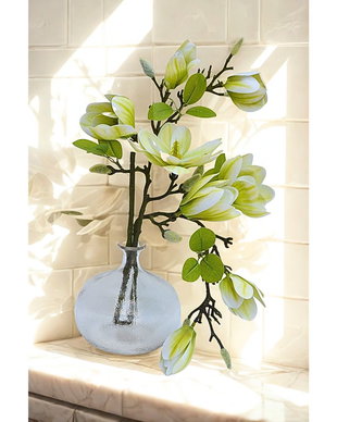 Aranjament magnolie artificiala verde in vaza de sticla marmorata MAGROUND 45 cm