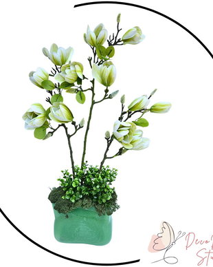Planta artificiala magnolia verde in vaza de sticla verde 65 cm  BAKTES 110