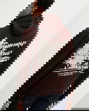 Tommy Jeans bluză culoarea maro, cu glugă, cu imprimeu, DM0DM22088