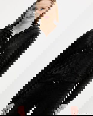 Juicy Couture bluză din velur culoarea negru, cu glugă, uni, JCWAS225310