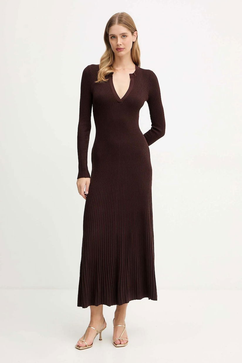 Bardot rochie culoarea maro, maxi, evazați, 60002DB